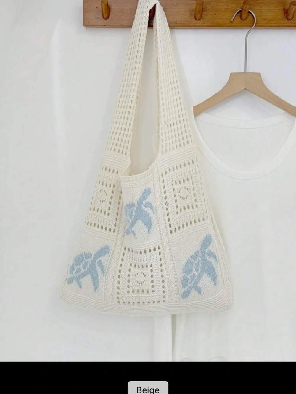 Crochet Tote Bag with Light Blue Floral Turtle Accents - Picture 2 of 3
